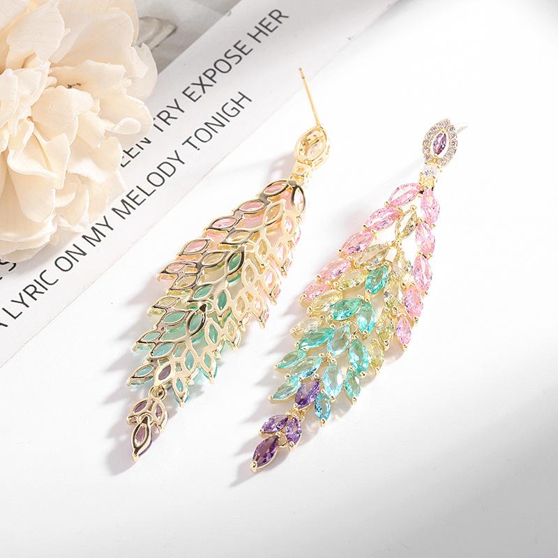 Europe And America New Style Vintage Tassel Earrings Colorful Cubic Zirconia Earrings Banquet Dress Accessories Leaf Earrings