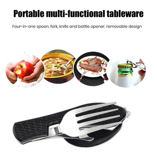 4-In-1 Folding Camping Utensils Stainless Steel Spoon Fork Knife Opener Combo Set Portable Multifunctional Lightweight Outdoor Tableware for Travel