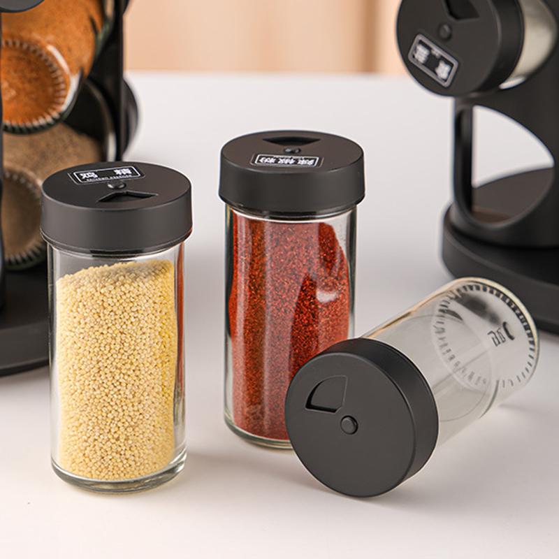 Rotating Spice Rack With Clear Glass Jars And Adjustable Lids 360 Degree Rotation For Home Kitchen Outdoor Camping Cooking