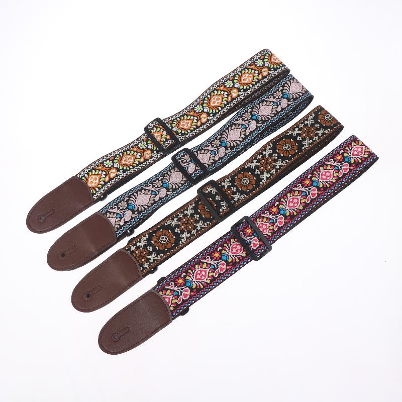 Guitar Strap Bass Cotton Leather Embroidery Straps Adjustable Neck Strap Electric Acoustic Guitar Bass Accessories