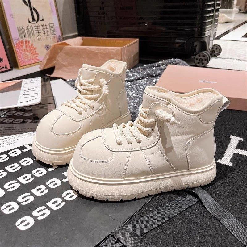 Thick-soled big-head matte snow boots autumn and winter lace-up casual versatile non-slip warm cotton shoes women's velvet
