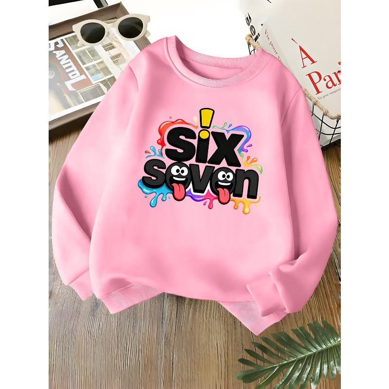 Kids Unisex Crewneck Sweatshirt, Funny Cartoon Face Six Seven Letter Color Splash Print Soft Long Sleeve Pullover For Boys Girls Over 4 Years Old