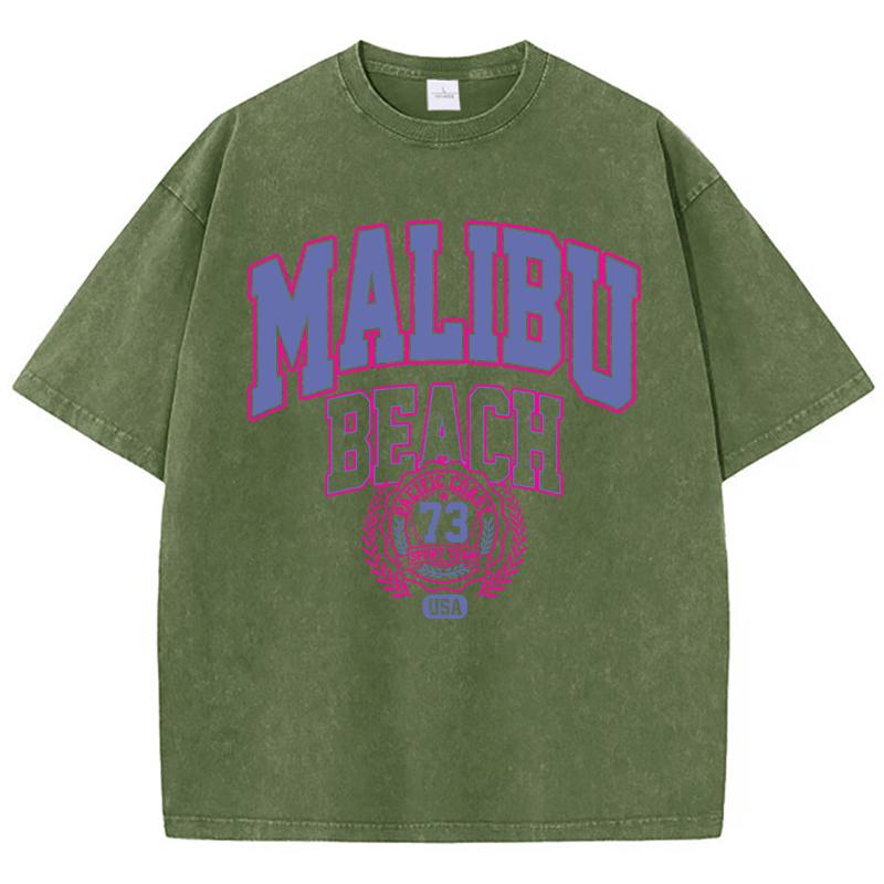 

Vintage Woman Acid Wash TShirts Malibu Beach Pacific Coast Sport Team Prints Tops Crewneck Cotton Oversize Tees Fashion Clothes S