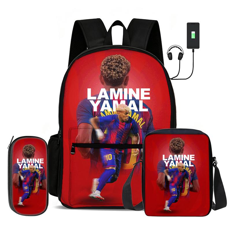 Leer, Reizen Voetbal Sport Rugzak L-Lamin Yamal 3 Delige Set Kinderrugzak Schoudertas, Etui, Voetbalster Rugzak