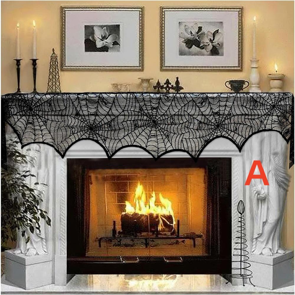 Halloween Indoor Fireplace Mantel Scarf Black Lace Spiderweb Fireplace Cover For Halloween Mantle Decor Festive Party