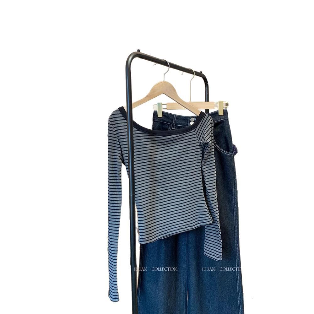 Sexy Spice Girl Ein-Wort Schräg Schulter Gestreift Langarm T-Shirt Damen 2026 Herbst Off-Shoulder Enganliegend Unterhemd Oberteil