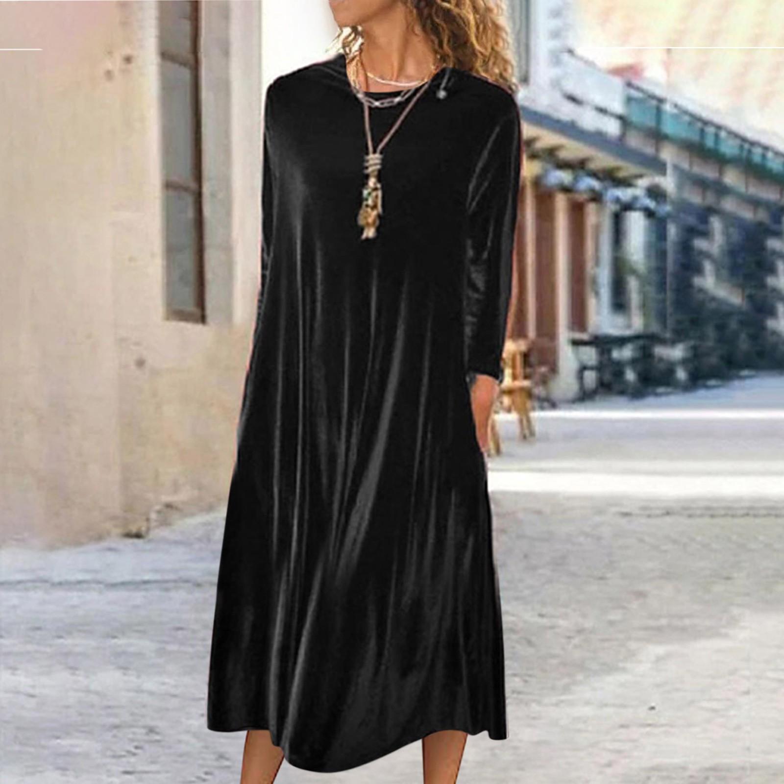 

Женская мода однотонное золотое бархатное темпераментное длинное повседневное платье с круглым вырезом XXXL чёрный