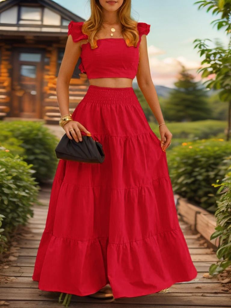 Letní nový sexy temperamentní jednobarevný maxi dvoudílný outfitový set šaty se špagetovými ramínky