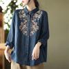 Retro Blouses For Women National Shirt Cotton Linen Shirt Loose Embroidered Blous Laple Long Sleeve Cardigan Female Shirts