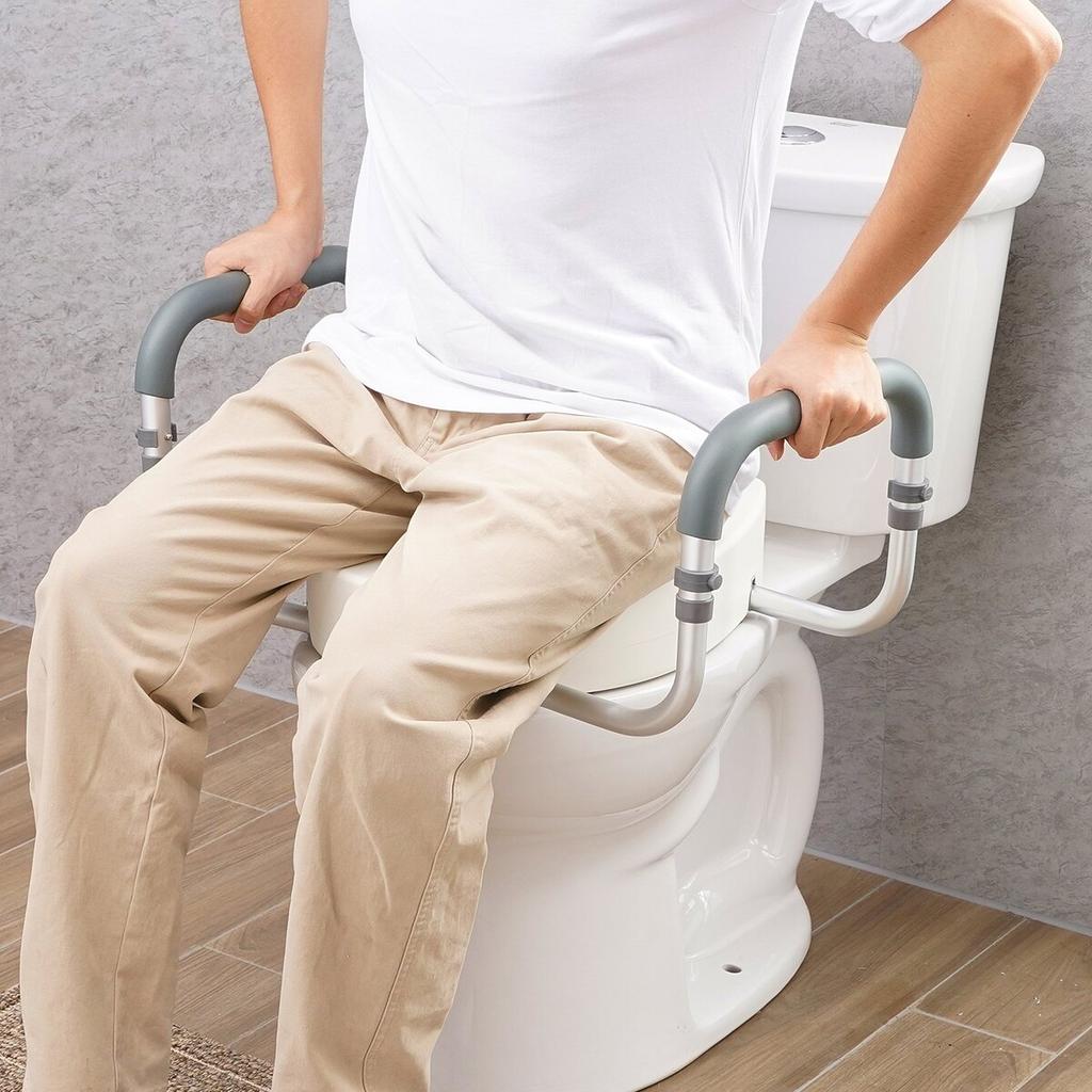 Raised Toilet Seat, 3.5" Height Raised, 300 lbs Weight Capacity, for Standard Round Toilet, Aluminum Handrail, with EVA Armrest Padding, for Elderly,