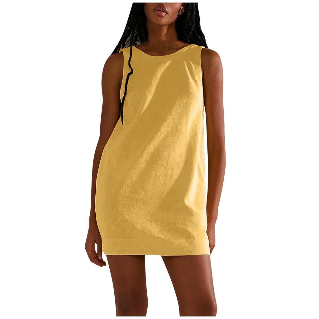 Summer Women's Cotton Linen Comfortable Solid Colour Sleeveless Backless Pocket Dresses