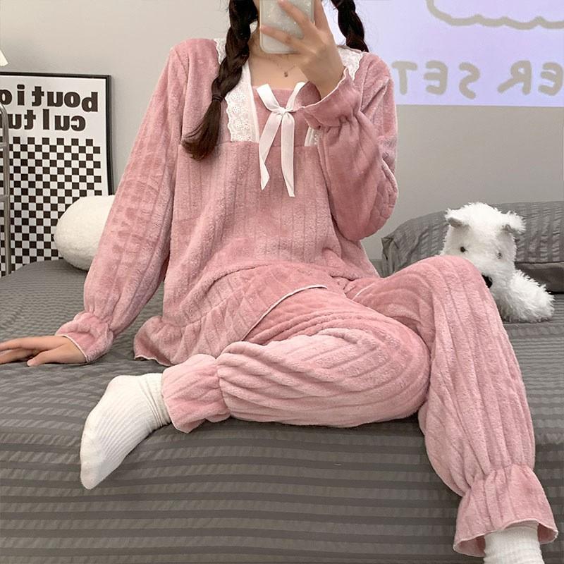 Womens Winter Flannel Pajama Set Thick Warm Cozy Lounge Wear Korean Style Sweet Casual Home Outfit