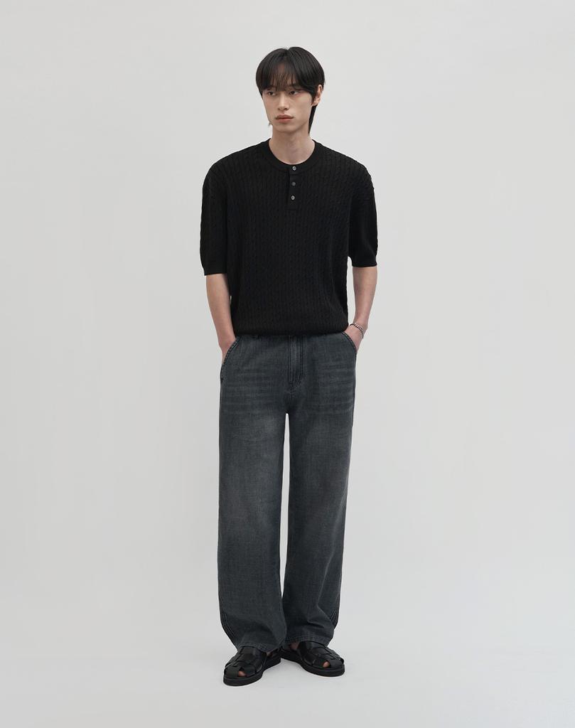 WORK ON BODY OFF Cool Bamboo Semi-Overfit Cable Henley Neck Short Sleeve Knit [Black]