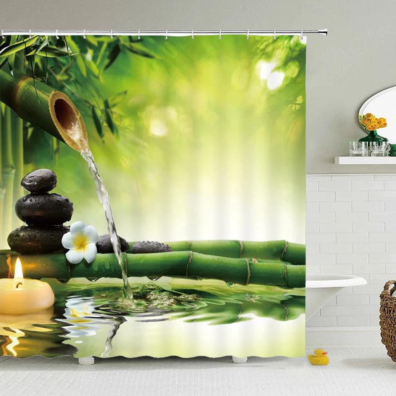 Cortina de ducha de bambú de planta verde, cortina de baño de poliéster impermeable, árboles impresos en 3D, pantalla de baño de 180x200cm con ganchos