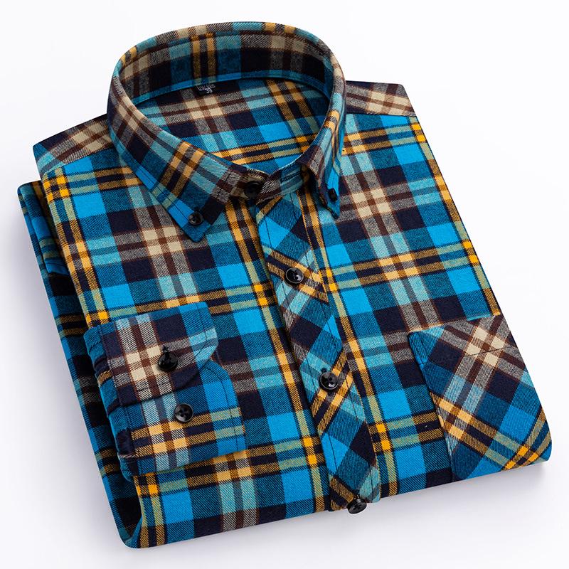 Men's Plus Size Pure Cotton Brushed Plaid Long Sleeve Shirt - Business Casual & Breathable