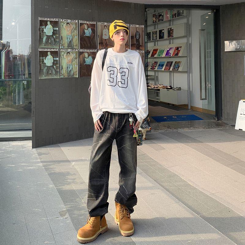 American Street Jeans Men's Spring High Street Trend Brand Skinny Graffiti Art Loose Straight Pants