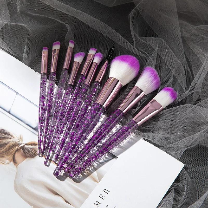 10 Pcs Makeup Brush Scallion Powder Crystal Handle with Sequins Face Eye Fiber Hair Beauty Tools