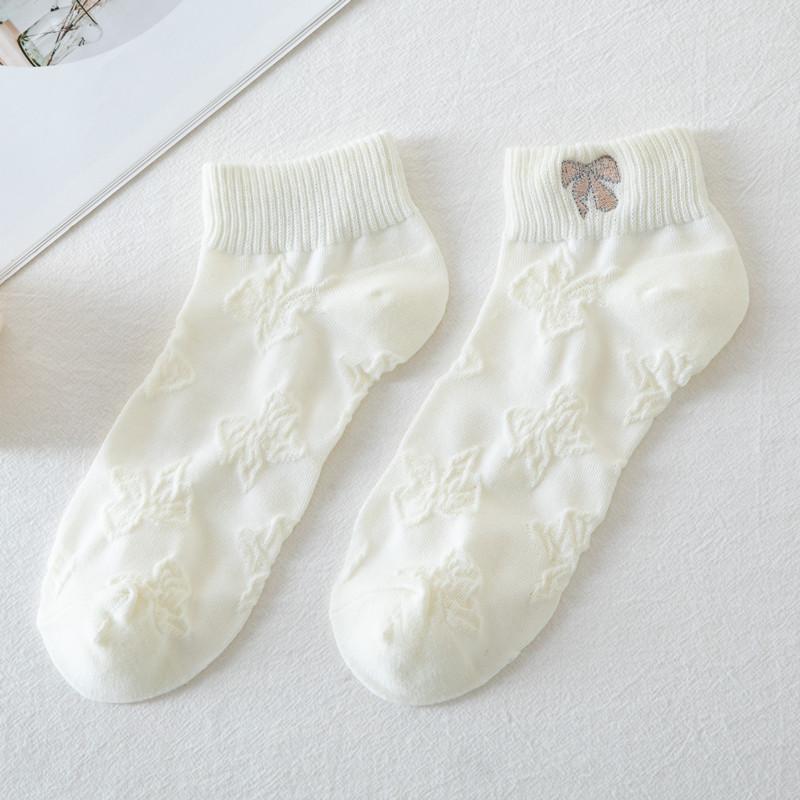 Ladies Summer Thin Lovely Embroidered Pure Cotton White Boat Socks
