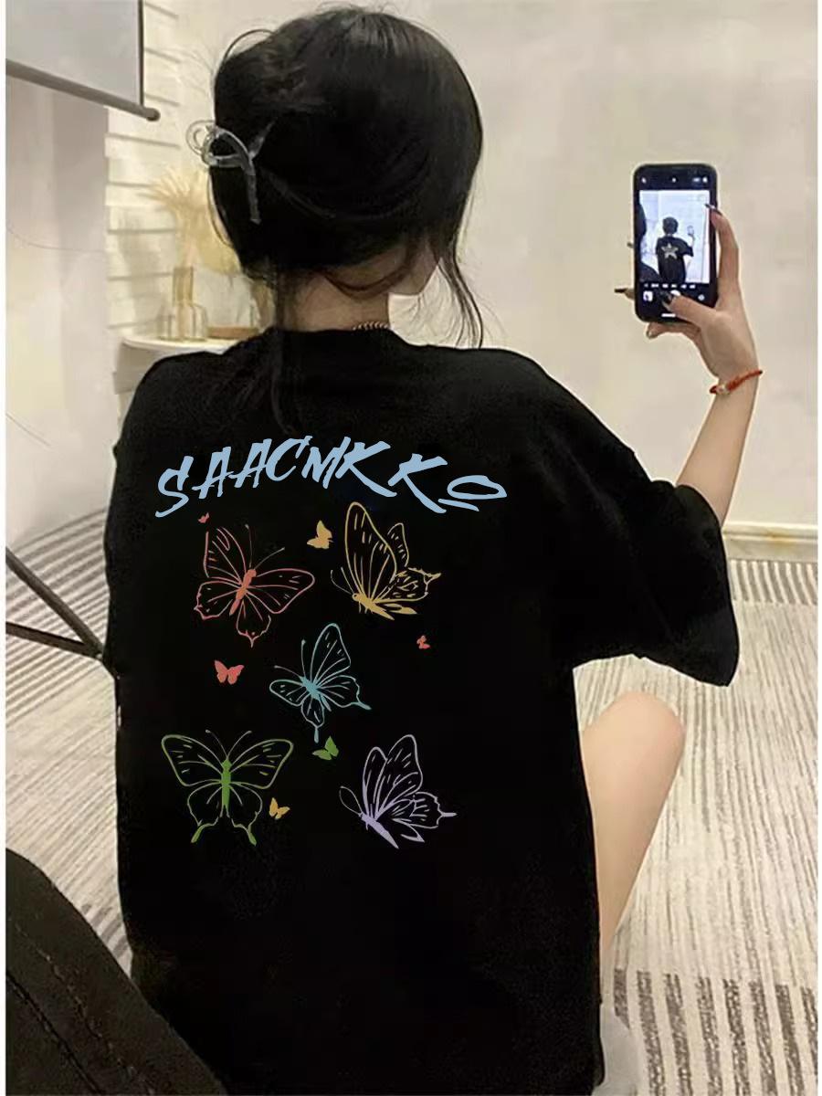 

2025 Summer Women’s Retro Butterfly Print Cotton T-Shirt XL