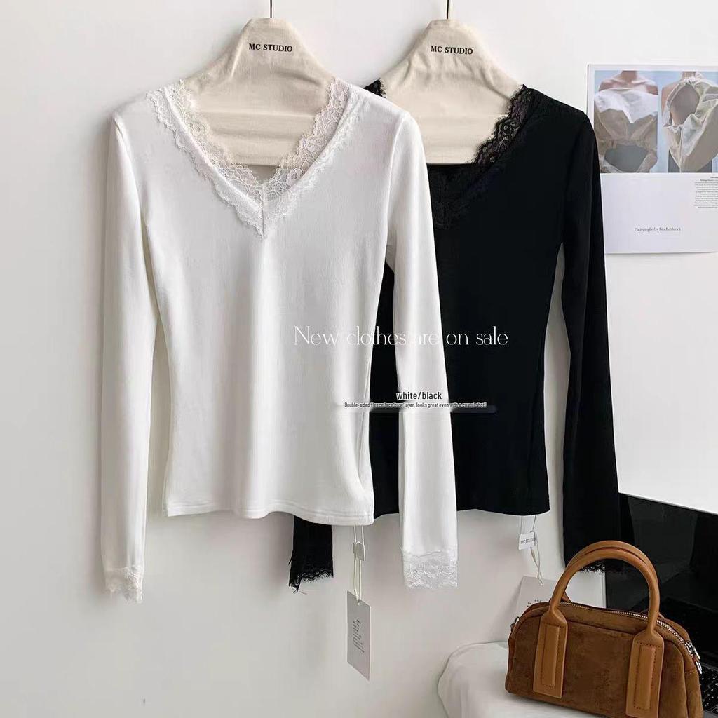 Lace Trim V-Neck Long-Sleeve Brushed T-Shirt with Cashmere Fur Lining for Women - Autumn/Winter Collection.