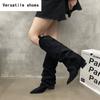Vinter Designer Dam Knähöga Stövlar Mode Spetsig Tå Slip On Långa Stövletter Designer Tjocka Klackar Botas De Mujer