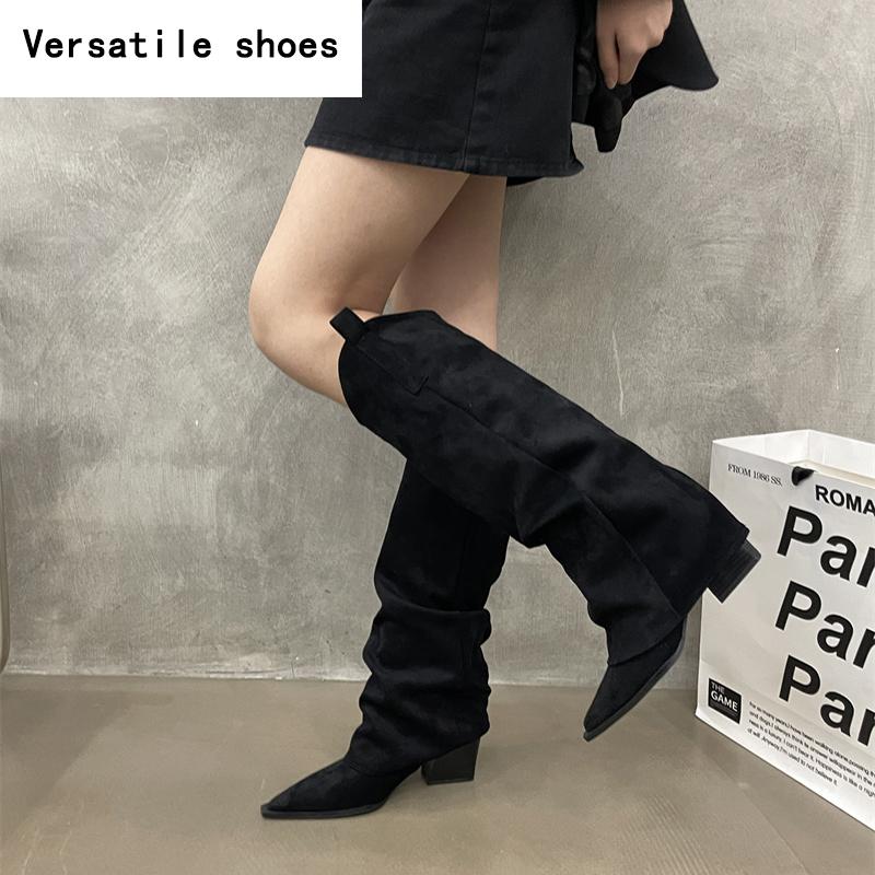 Vinter Designer Dam Knähöga Stövlar Mode Spetsig Tå Slip On Långa Stövletter Designer Tjocka Klackar Botas De Mujer