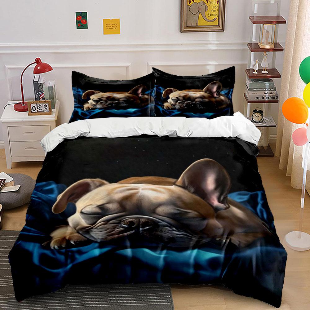 3pcs French Bulldog Bedding Set Blue + Dog Print (1Duvet Cover + 2Pillowcase) for Bedroom Decor,Single Double, Multiple Sizese
