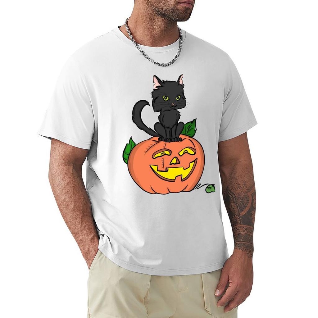 Black Cat Pumpkin Tshirt Basic Solid Color Short Sleeve Cotton Top