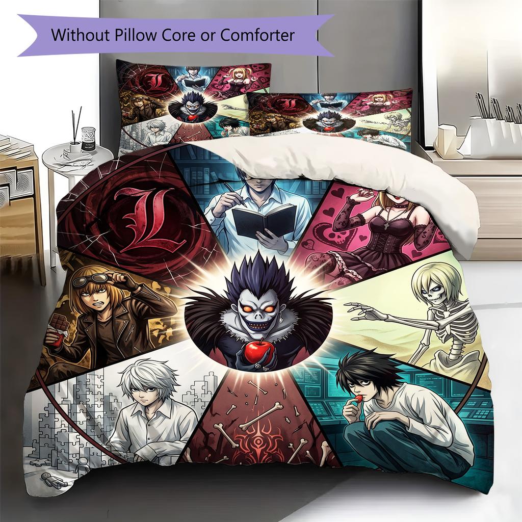 Death Note Pattern Bedding Quilt Set Quilt Cover Pillowcase Home Decoration Birthday Gift (1 * duvet cover + 2 * pillowcase, without core)