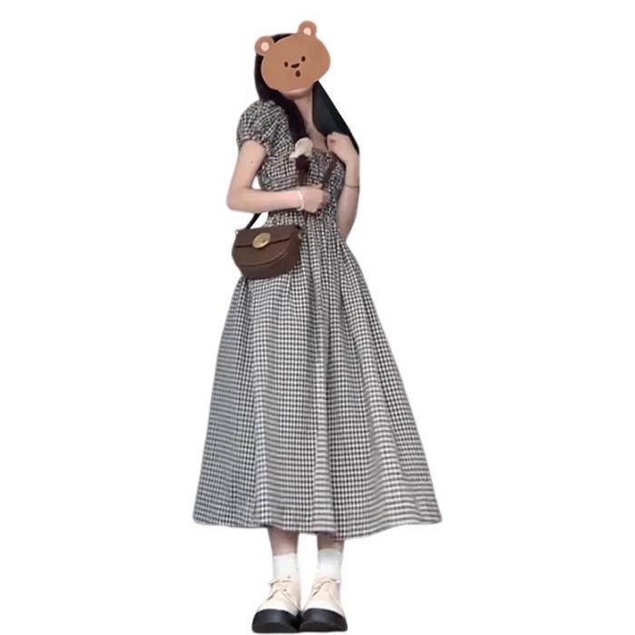 

Plaid waist slim dress summer vacation fashion beach dress S
