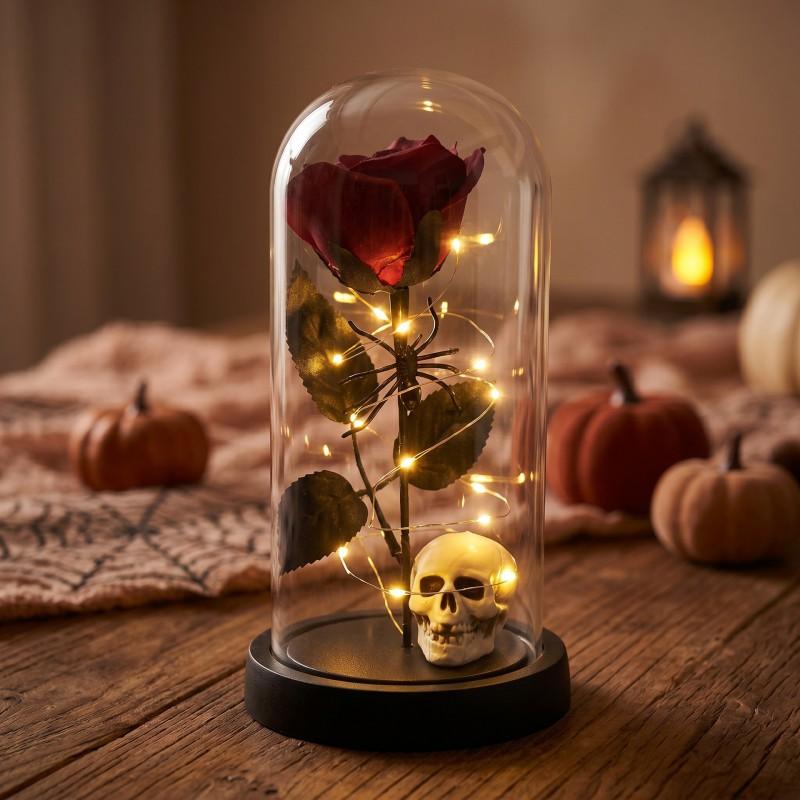 Halloween Decorative Preserved Flower Glass Dome With Black Rose Skull Ghost King Pumpkin Party Gift