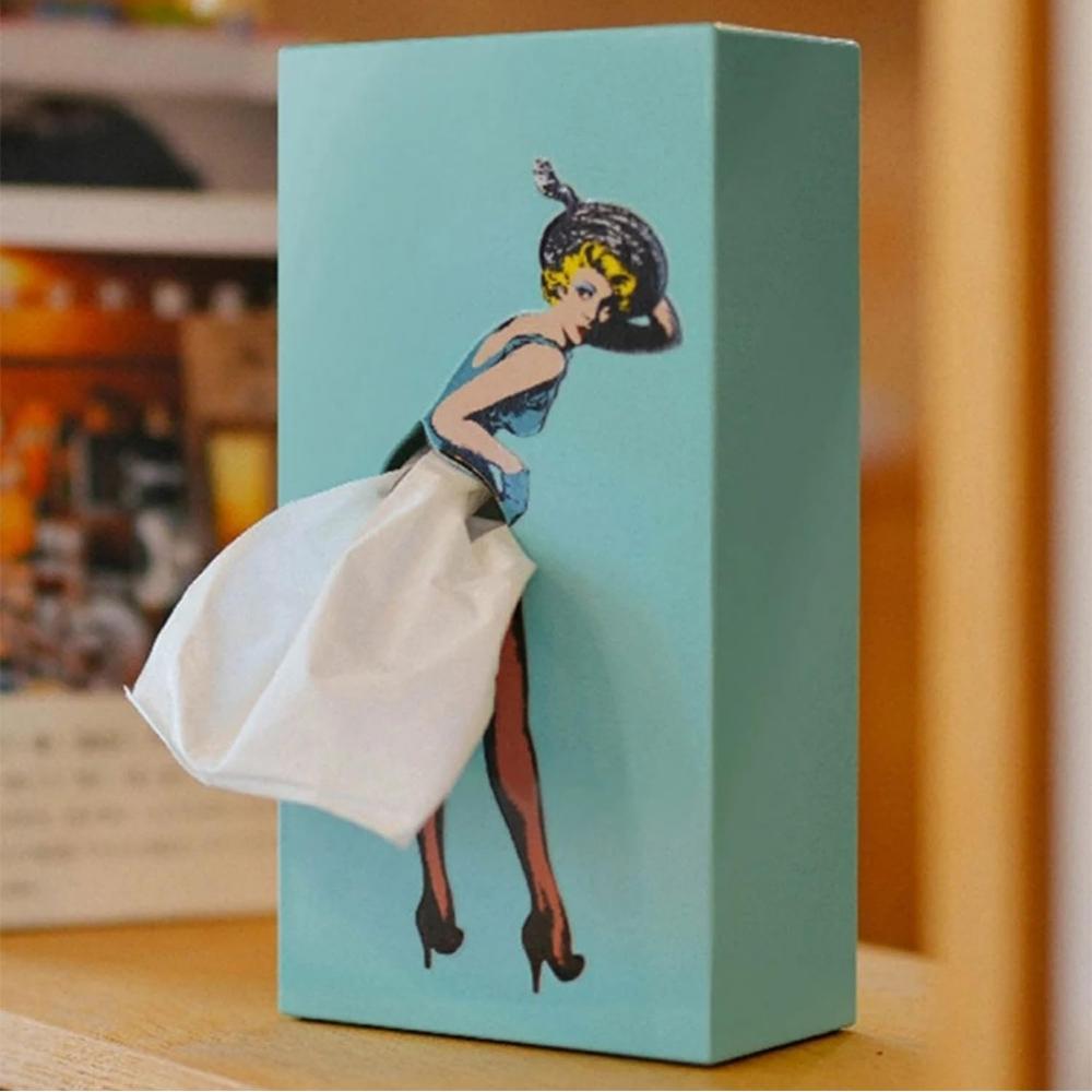 Flying Skirt Girl Tissue Box Retro Tissue Box for Fun Decorative Ornaments, Blue