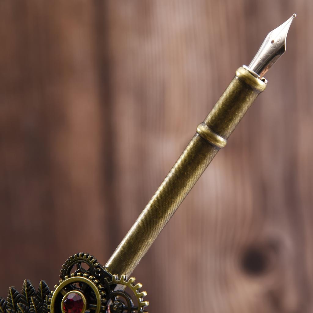 Ambidextrous Mechanical Calligraphy Pen with 5 Personalized Metal Tips, Medium Point, Round Body, Decorative European Retro Feather Quill for Beginner