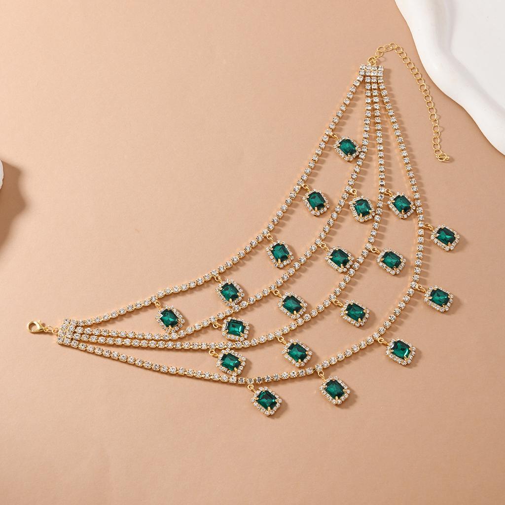 Colar com pingente de pedra preciosa de cristal esmeralda multicamadas vintage francês acessórios de vestido de noite de alta qualidade gargantilha empilhada