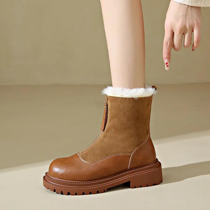 Fashion Women Boots Warm Anti Slip Platform  Winter Retro Plush New Round Toe Zipper Comfortable Outdoor Ankle Boots Women's Shoes