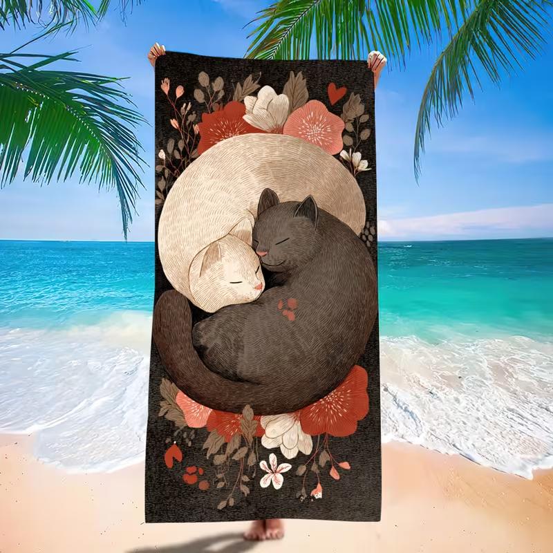 Black Background Snuggling Couple Cat Floral Heart Print Beach Towel Quick Dry Sand Free Towel for Beach Pool Travel