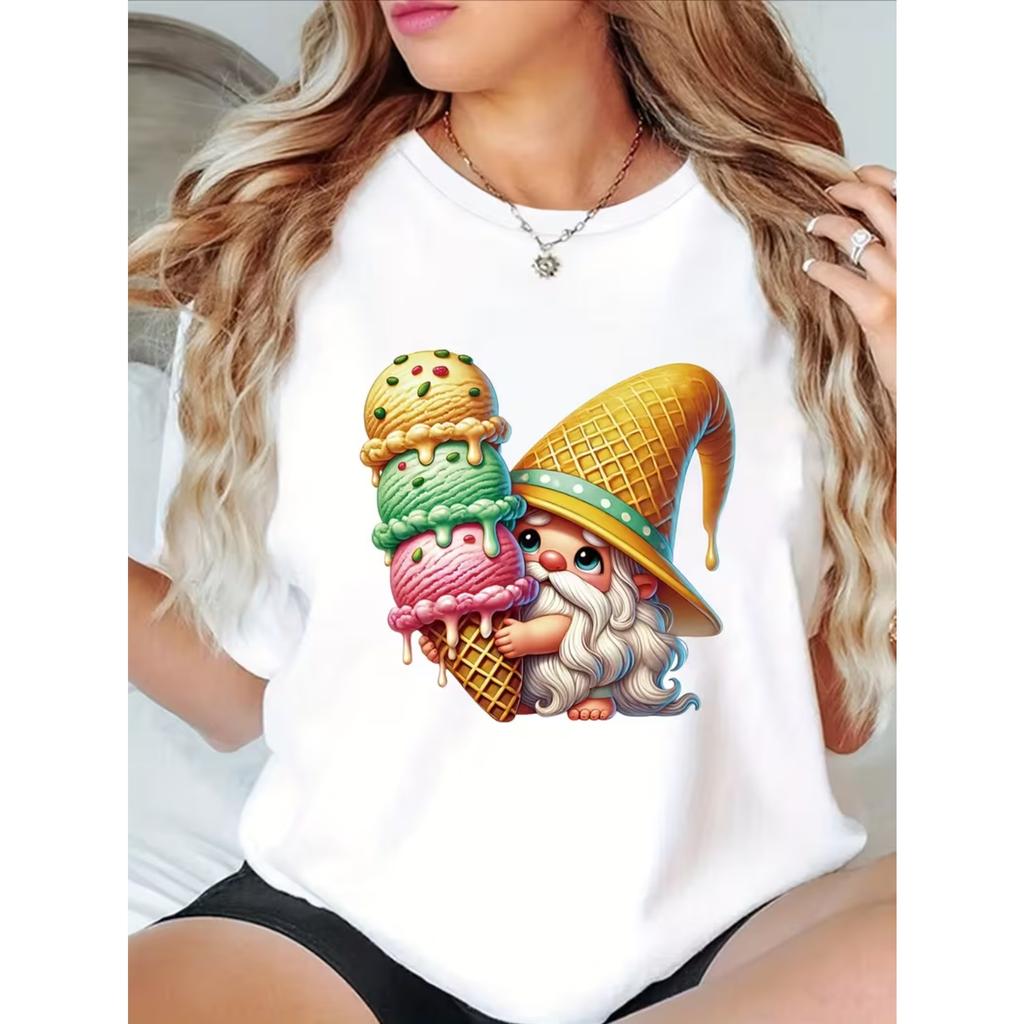 Women's Casual Short Sleeve T-Shirt - Whimsical Gnome & Ice Cream Print Round Neck Top