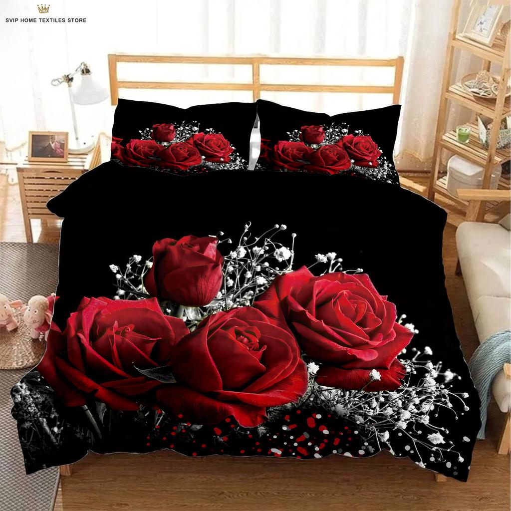 Set de lenjerie de pat cu husă de pilotă cu imprimeu retro roșu trandafir inimă de Ziua Îndrăgostiților, textile, husă de pilotă, față de pernă, lavabil la mașină, 3 piese