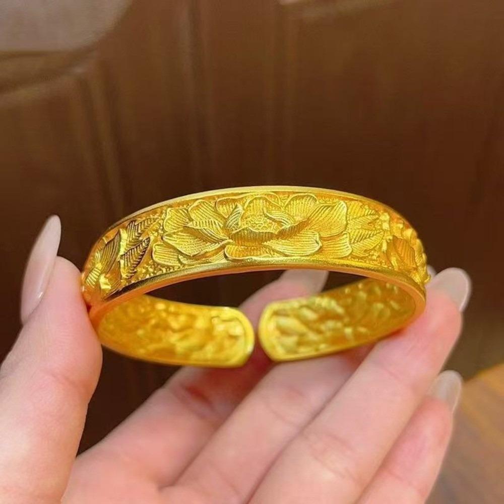 Wide Chinese Style Bangle Opening Wrist Jewelry Classical Golden Bracelets Groom