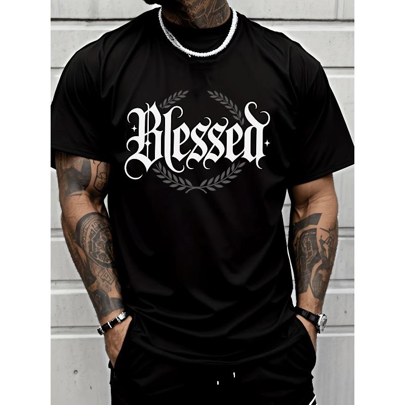 

European Size Men S Fashionable Casual T-Shirt with Blessed Letter And Wreath Design for Street Style, Plus Size S чёрный