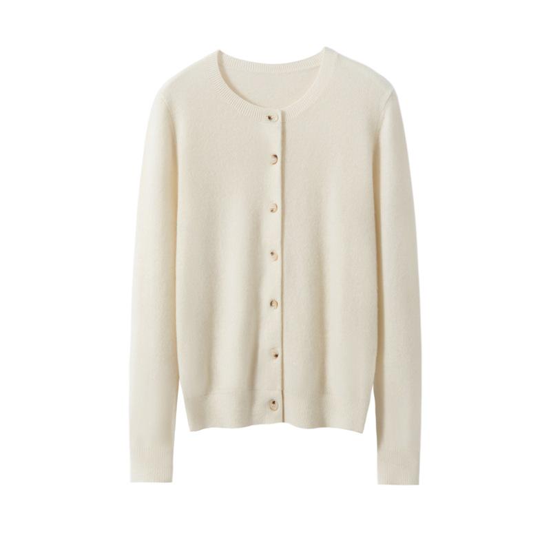 Women's 100% Pure Cashmere Round Neck Cardigan - Autumn/Winter Fashion Long Sleeve Knit Sweater Coat