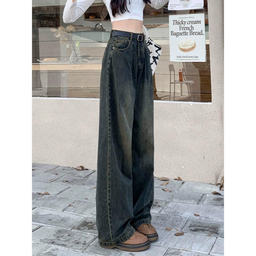 Cement Gray Retro Wide-leg Jeans Women's Autumn 2025 New High Waist Loose and Thin Straight Mopping