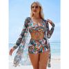 Women's Black & White Geometric Print Drawstring Bikini Shorts & Kimono Three-Piece Swimsuit Set