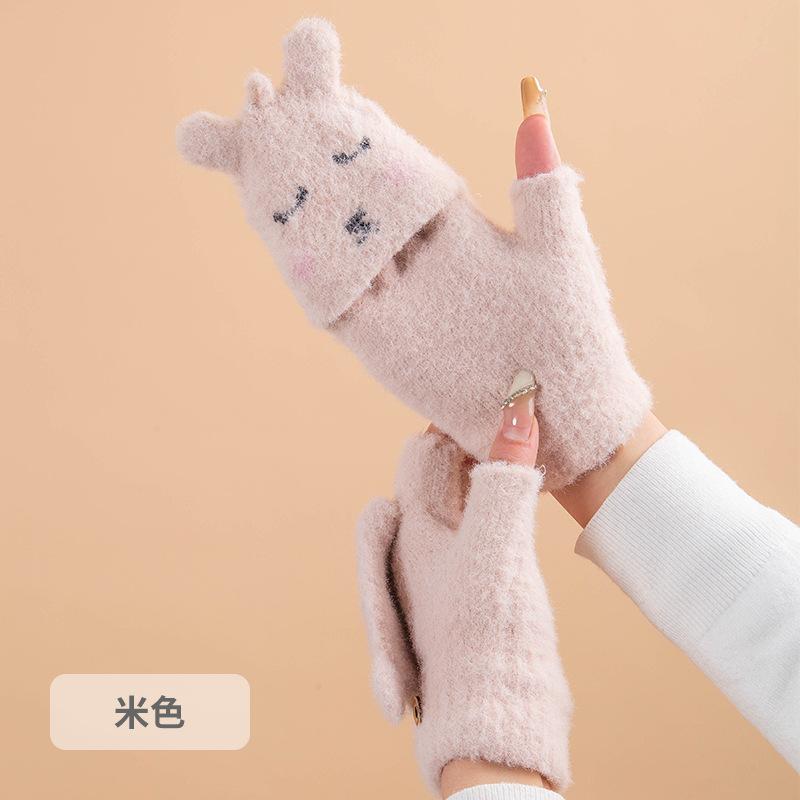 Women's half-finger gloves winter cold protection warm velvet cute cartoon rabbit finger knitted wool gloves