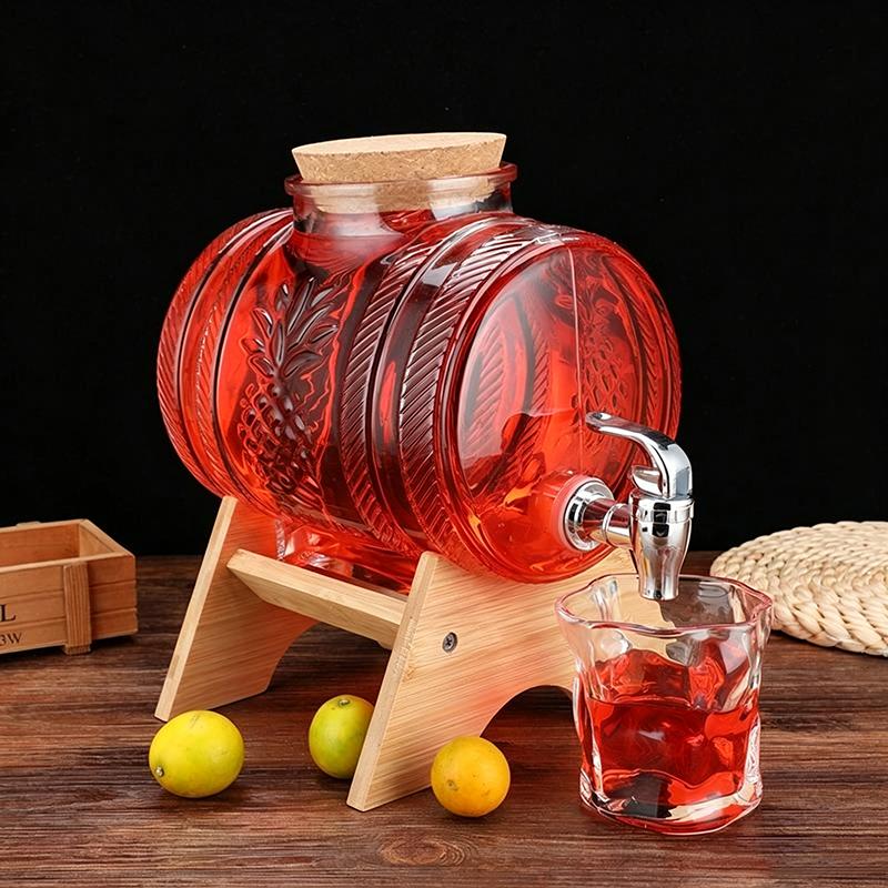 Glass Beverage Dispenser With Wooden Stand Tap Cork Stopper Transparent Wine Storage Jar For Home Party Drink Juice Container