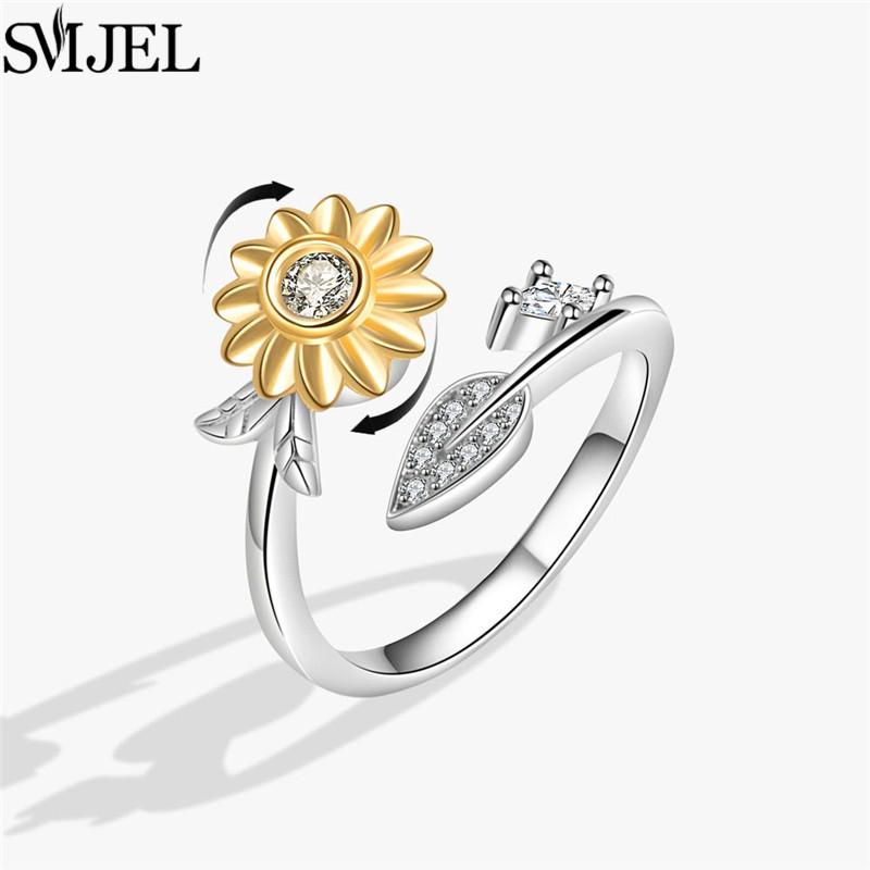Luxury Anti Stress Anxiety Rings Fidget Spinner Ring Adjustable for Women Cute Flower Cat Starfish Ring Rotating Freely Jewelry