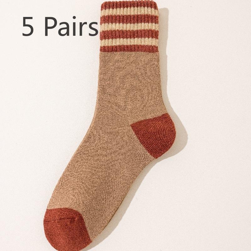 

5 пар женских осенне-зимних простых полосатых новых толстых шерстяных носков Ring Plus Velvet Warm Socks 5 Pairs темные хаки
