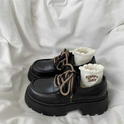 Dicker Absatz Dicke Sohle Erhöhte Schnürschuhe Schwarze Kleine Lederschuhe Vielseitige Damenschuhe im britischen Stil Retro-Einzelschuhe