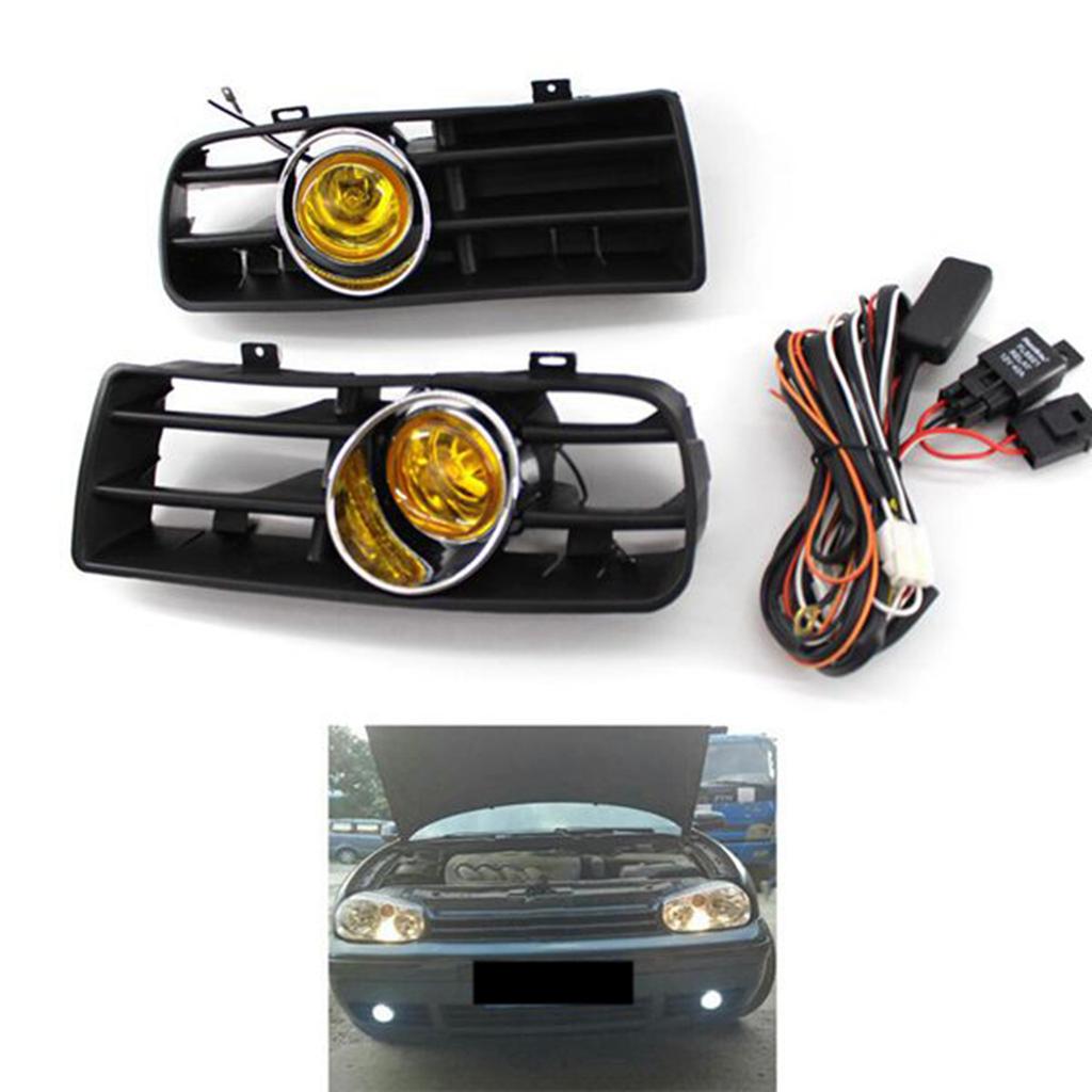 1 Pair Front Bumper Grill Lamp Grill Fog Lights Grille LED Lamp With Wire Kit Yellow For Golf MK4 1998-2004