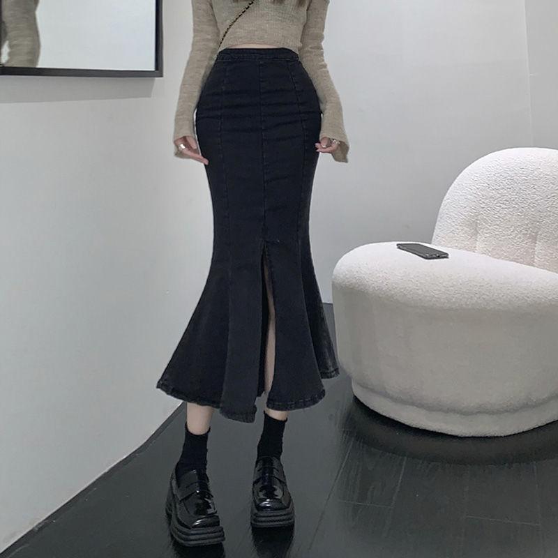 Ruffle Fishtail Skirt Black Slim High-waisted Open Package Hip A-line Elastic Medium-length Female Versatile Comfortable Fashion Denim Bustier Skirt